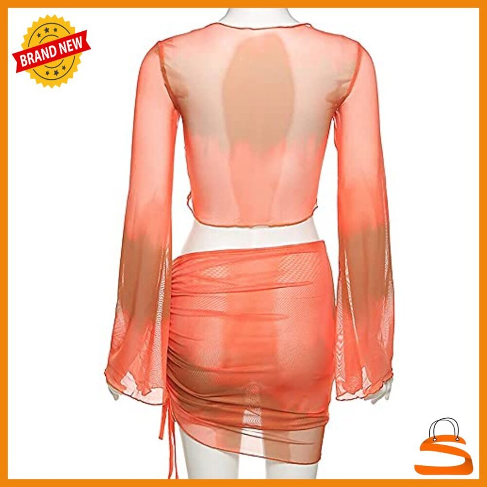 Small Polyester Sheer Mesh 2-Piece Set Long Sleeve Crop Top Mini Skirt - Picture 6 of 7